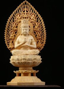 極上品/綺麗 総檜材　仏教工芸品　木彫仏教　精密彫刻　仏師で仕上げ品 大日如来座像 高約28cm