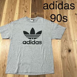 90s adidas アディダス メキシコ製 Tシャツ T-shirt TEE ビッグプリントロゴ トレフォイル USA企画 ヴィンテージ グレー サイズL 玉mc3102