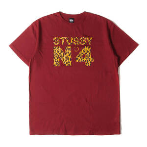 STUSSY ステューシー Tシャツ サイズ:XL レオパード No.4ロゴ クルーネック 半袖Tシャツ バーガンディー トップス カットソー ストリート