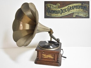 動作品 The COLUMBIA DISC GRAPHOPHONE 卓上 蓄音機 ラッパ付 コロンビア コロムビア ホーン 木製 USA製 オーディオ機器 音響 RO-265S/506