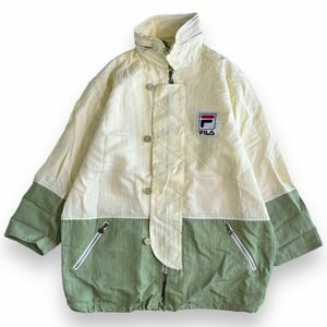 90s FILA フィラ 刺繍 ロゴ 2トーン バイカラー ナイロン スタンドカラー ジャケット フード収納 ハーフ丈 アウター 古着 S～M アイボリー