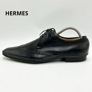 1円 【美品】 HERMES エルメス 【王者の貫禄】 メンズ ビジネスシューズ ドレスシューズ 靴 革靴 ロゴ レザー ブラック 黒 40 25cm位