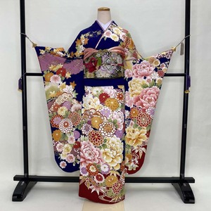 振袖フルセット 裄70cm 身丈178cm 振袖 帯 帯揚げ 帯締め 青 地紋入り LL サイズ 2709