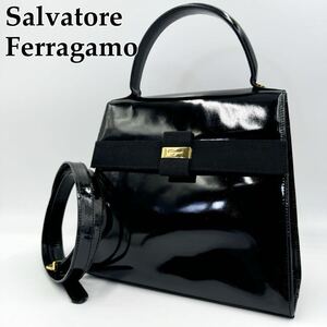 1円 【極美品】 SalvatoreFerragamo サルヴァトーレフェラガモ ハンドバッグ ショルダーバッグ 2way ヴァラリボン パテントレザー 黒