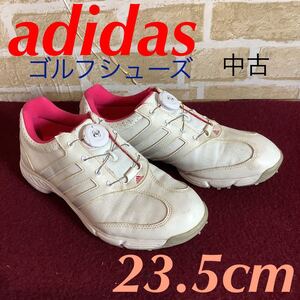 【売り切り!送料無料!】A-239!adidas!ゴルフシューズ!23.5cm!ホワイト!ピンク!ゴルフ!ソフトスパイク!スパイク!ダイヤル式!中古!