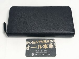 ◆2-1 未使用品 RESTORATION レストレーション 本革 レザー ラウンドファスナー 長財布 黒 ブラック