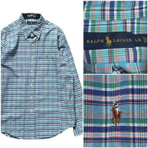 Polo Ralph Lauren ポロ ラルフローレン 長袖 チェックシャツ 青 ブルー Lサイズ オックスフォード コットン ポニー 刺繍 ボタンダウン