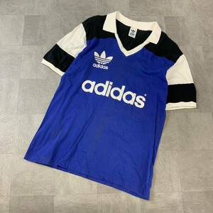 90‘s adidas アディダス デサント製 ビッグロゴ 半袖 ポロシャツ メンズ Lサイズ ブルー ホワイト ブラック