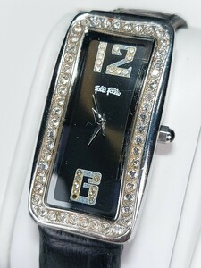 美品 箱付き Folli Follie フォリフォリ アナログ クォーツ 腕時計 スモールサイズ ブラック文字盤 レザーベルト ステンレス 電池交換済み