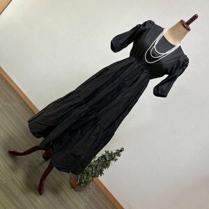 4-5新品　GRL　ブラック　黒パワースリーブコットンシャツワンピース　ロング丈ボュームフレアスカートティアードワンピース