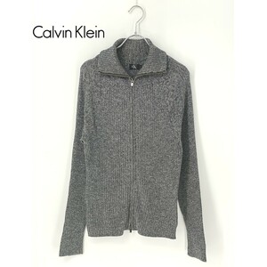 A8764/美品 春夏 Calvin Klein カルバン・クライン コットン 長袖 タートルネック ジップアップ ニット リブ カーディガンL灰色 レディース