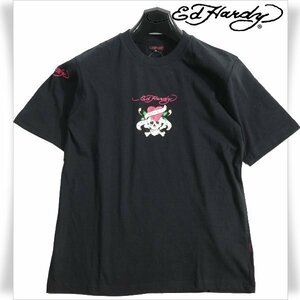 新品1円～★Ed Hardy エドハーディー メンズ 半袖 コットン綿 天竺 Tシャツ L 黒 ブラック クルーネック カットソー ◆5593◆