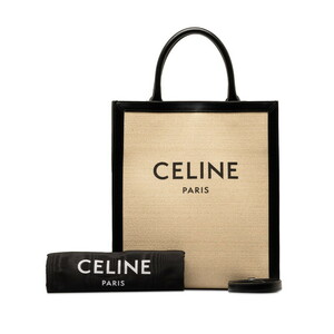 セリーヌ バーティカルカバ ミディアム ショルダーバッグ ハンドバッグ 2WAY ベージュ ブラック キャンバス レザー CELINE 【中古】