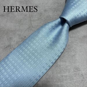 極美品●HERMES エルメス ファソネ H柄 高級ネクタイ ジャガード織り ライトブルー 光沢 シルク100% フランス製 ビジネス スーツ メンズ