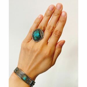 超希少!!VTG NAVAJO 40’s TURQUOISE NUGGET SILVER RING W/ LEAF ナバホビンテージターコイズナゲッツリーフスタンプシルバーリング9号