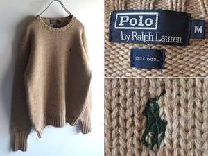 希少 90sビンテージ Polo by Ralph Lauren ラルフローレン ポロポニーロゴ刺繍 ウール ローゲージニット セーター M ベージュ 国内正規品