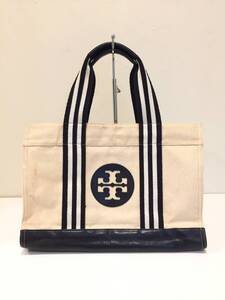 【中古品】TORY BURCH トリーバーチ キャンバス×レザー トートバッグ アイボリー×ブラック ロゴデザイン レディースバッグ