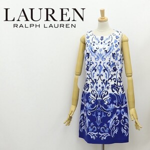 新品 国内正規品◆RALPH LAUREN ラルフ ローレン ストレッチ 総柄 ノースリーブ ワンピース ホワイト×ブルー 2