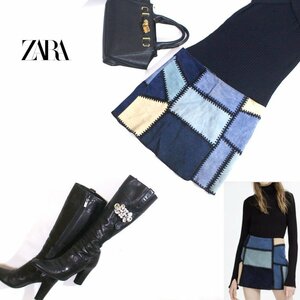 ZARA woman ザラ ウーマン ■ 秋 冬 合物 レザー パッチワーク スエードスカート レザースカート 青系 ネイビー 紺 S ミニスカート