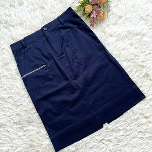 E4749　美品　ダックス【L相当】DAKS スカート 膝丈 ストレッチ 紺 シルバー