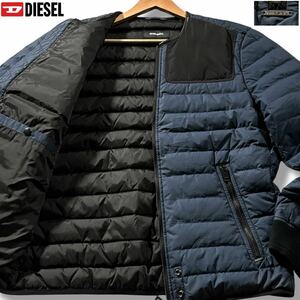 極美品/XLサイズ相当●DIESEL ディーゼル 牛革切替 カラーレス ダウンジャケット アウター ブルゾン ジップ 襟カーフレザー切替 ロゴ金具 