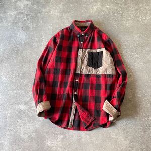 美品 BEAMS HEART ビームスハート 長袖 ブロックチェック フランネル デザインポケットシャツ メンズ(XL) 赤 黒 ケーブル編み