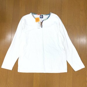 新品 THIRD SIX サードシックス 定価5,040円 真鍮ボタン 縮緬パイピング Tシャツ 6(XL) 白 長袖 ロンT 和柄 特大 大きい 2L LL 未使用 紳士