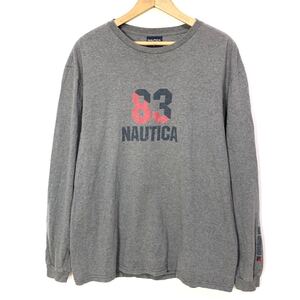 ■ NAUTICA ノーティカ ロゴ プリント ナンバーリング 袖プリント 長袖 Tシャツ カットソー Lサイズ グレー 古着 アメカジ ロンT L/S ■