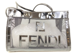 1円スタート 【FENDI フェンディ】 ロゴ トートバッグ メッシュ PVC ブラック 肩がけ 鞄