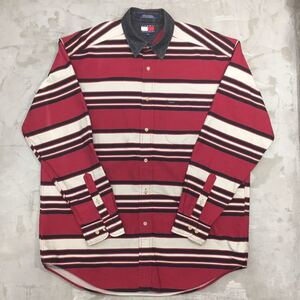 【希少】90s TOMMY HILFIGER トミーヒルフィガー 長袖シャツ サイズM デニム切替 ボーダー 古着 胸ポケット付 メンズ C-573