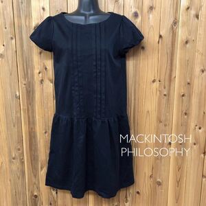 MACKINTOSH PHILOSOPHY＊マッキントッシュフィロソフィー レディース38 半袖ワンピース ネイビー パフスリーブ タック 膝丈ワンピース