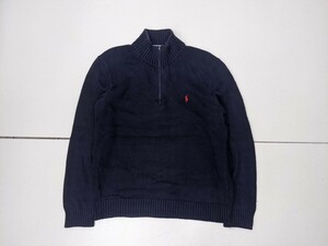 15．POLO ポロラルフローレン スモールポニー ロゴ刺繍 ハーフジップ コットン ニット セーター プルオーバー メンズS 紺赤y707