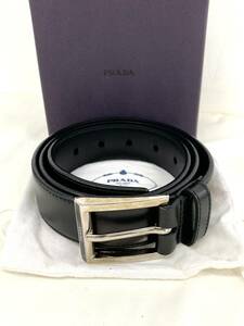 T012 PRADA プラダ レザーベルト シルバーバックル 85/34 ブラック