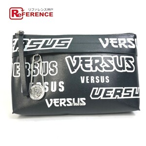 VERSUS ヴェルサス ロゴ ライオン ストラップ付 ポーチ クラッチバッグ レザー ブラック ユニセックス【中古】