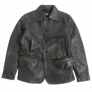 極美品□RRL ダブルアールエル ラルフローレン USED加工 裏チェック カウハイド レザーブルゾンジャケット ダークブラウン系 S 正規品 希少