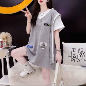 韓国風 女夏新しい 大きいサイズ半袖Tシャツ 気質ファッションTシャツ 学生Tシャツ M グレー