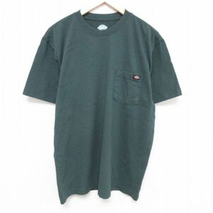 XL/古着 ディッキーズ Dickies 半袖 ブランド Tシャツ メンズ ワンポイントロゴ 胸ポケット付き コットン クルーネック 濃緑 グリーン