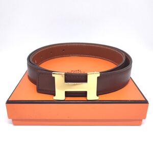 HERMES エルメス H コンスタンス リバーシブル レザー ベルト 本革 茶 ゴールド レディース メンズ　25mm #70