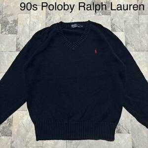 90s Poloby Ralph Lauren ポロ ラルフローレン ニット セーター 長袖 Vネック 刺繍ロゴ ヴィンテージ ネイビー コットン サイズM 玉FS1447