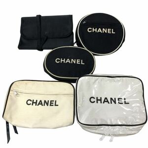 T2410-141【5点】CHANEL ポーチ コスメ 化粧 ファスナー ラウンド バニティ バッグ ブラック ホワイト 黒 キャンバス ビニール ノベルティ