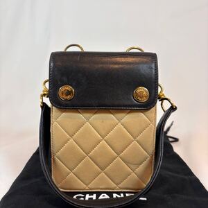 1円スタート〜CHANEL シャネル　ミニバッグ　マトラッセ　バイカラー　ラムスキン　小物入れ　ブラック　ベージュ　ゴールド金具