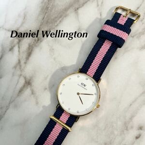 美品　Daniel Wellington ダニエルウェリントン　ゴールド　ネイビー×ピンク　ストライプ　ホワイト系文字盤　電池交換済　腕時計