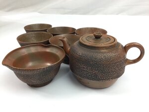 【三】備前焼 備前陶岳 森陶岳 作 煎茶器 茶器 急須 湯冷まし 湯飲み 5客 岡山県指定重要無形文化財保持者 o3305-B