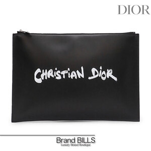 未使用品 Christian Dior クリスチャン ディオール クラッチバッグ ポーチ レザー ブラック ホワイトロゴ シルバー金具