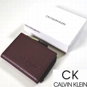 新品 CK CALVIN KLEIN カルバンクライン 定1.15万 ロック 本牛革 レザー 折り財布 小銭 コイン カード ワイン 黒 メンズ 男性 紳士用