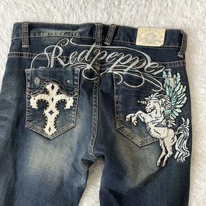 美品！こだわり抜いた珠玉の逸品　RED PEPPER big embroidery jeans 34 デニム　ペガサス　刺　クロス　XL