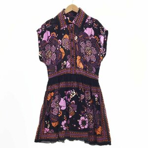 ★アナスイ ANNA SUI フレンチスリーブ プリントワンピース レディース サイズ4 ブラック×パープル×オレンジ 花柄 54015336 1BA/42760