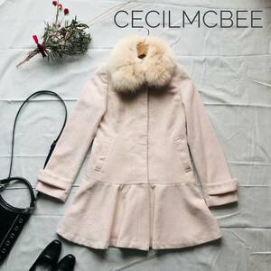 美品★厳選　定価3万　CECILMcBEE　　セシルマックビー　薄手ペプラムコート　フォックスファー　M　ピンク