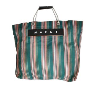 美品 MARNI マルニマーケット フラワーカフェ ストライプバッグ メッシュ トートバッグ グリーン系 マルチカラー ◆