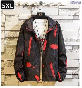 人気商品 【411】 ウィンドブレーカー フード付き レッド 5XL メンズ ナイロン カモフラ 柄 アウトドア 防風 軽量 ジャケット